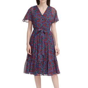 CALVIN KLEIN Belted Short Flutter Sleeve Fit & Flare Floral Midi Dress Size 4